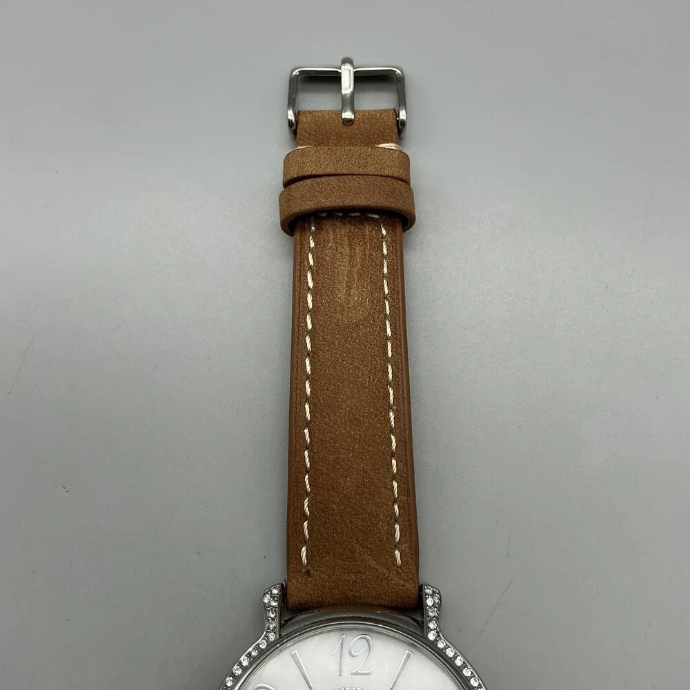 Anne Klein Womens Watch 37mm MOP Dial Brown Leather Crystals New Battery